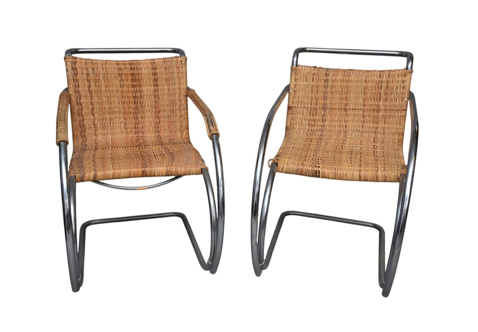 Pair Vintage Mies Vander Roe Chrome Lounge Chairs with Caning, With Label Stendia (some damage): Pair Vintage Mies Vander Roe Chrome Lounge Chairs with Caning, With Label Stendia (some damage)