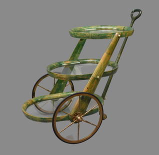 ALDO TURA Italian Mid-Century, Green Goatskin Lacquered Rolling Tea/Bar Cart., 3 Graduated Glass: ALDO TURA Italian Mid-Century, Green Goatskin Lacquered Rolling Tea/Bar Cart., 3 Graduated Glass Shelves, 36"h