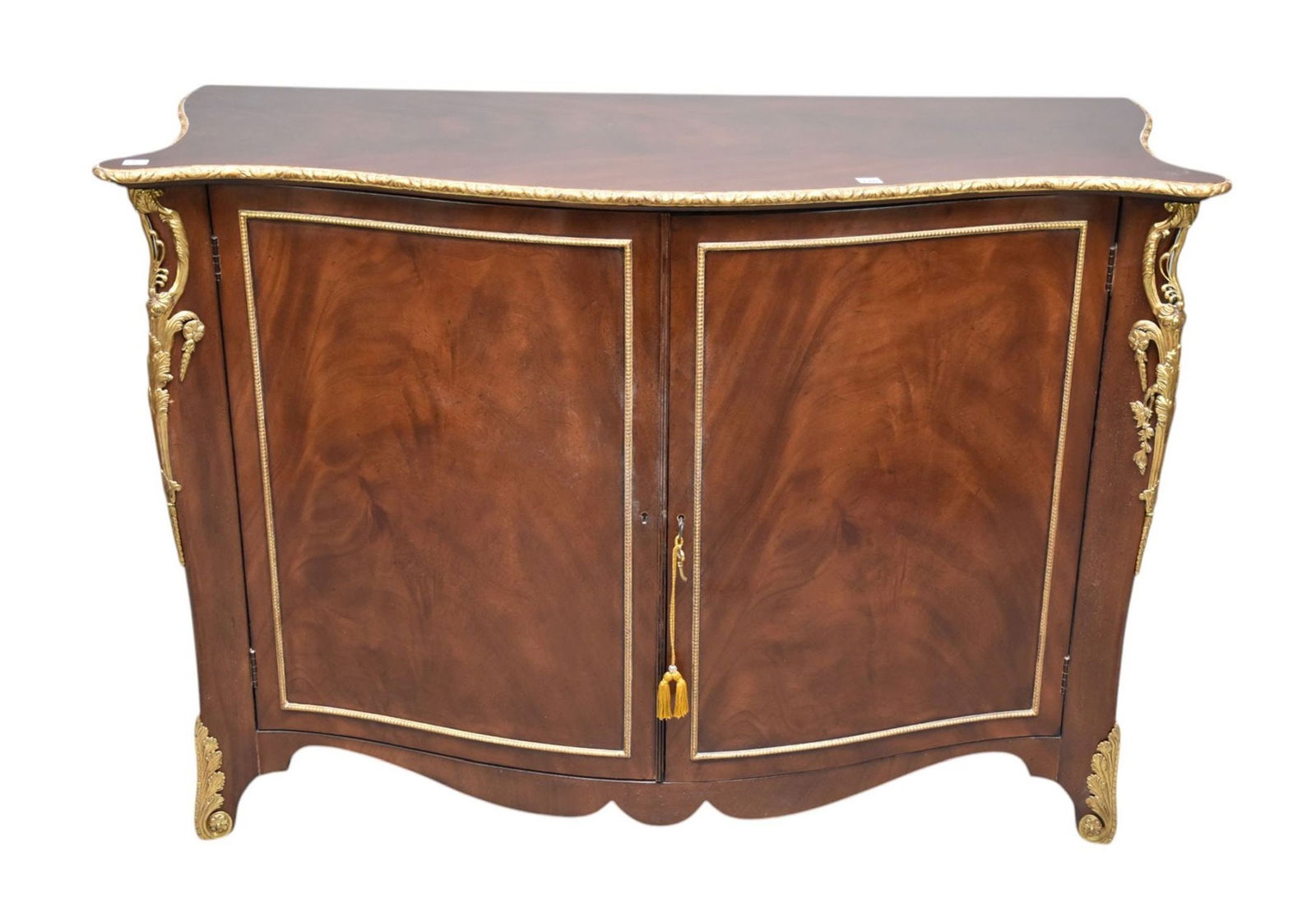 Mahogany Serpentine Cabinet, 20th c, Decorative Brass Mounts & Gilded Accents, 36"h x 50"w x 26"d (1 of 6)