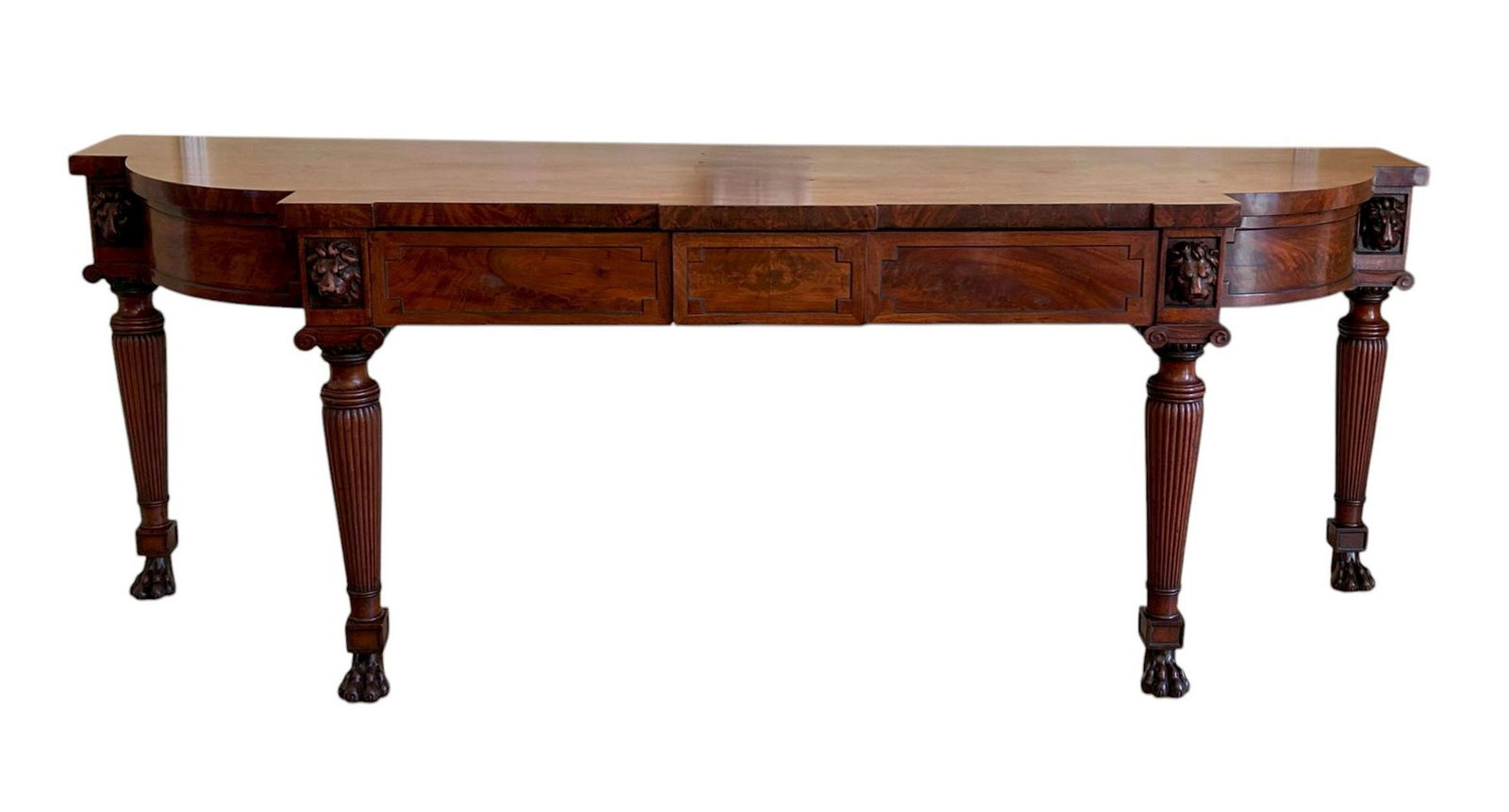 Large Mahogany Sideboard, Lion Head Mounts, 2 Blind Drawers & Reeded Column Legs on Claw Feet, 37"h (1 of 5)