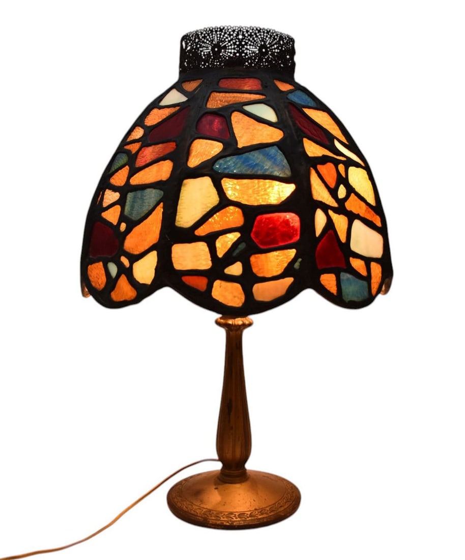 Antique Bradley & Hubbard Lamp w/ Leaded Glass Shade - C. early 20th century. A gilt lamp base, leaf (1 of 15)