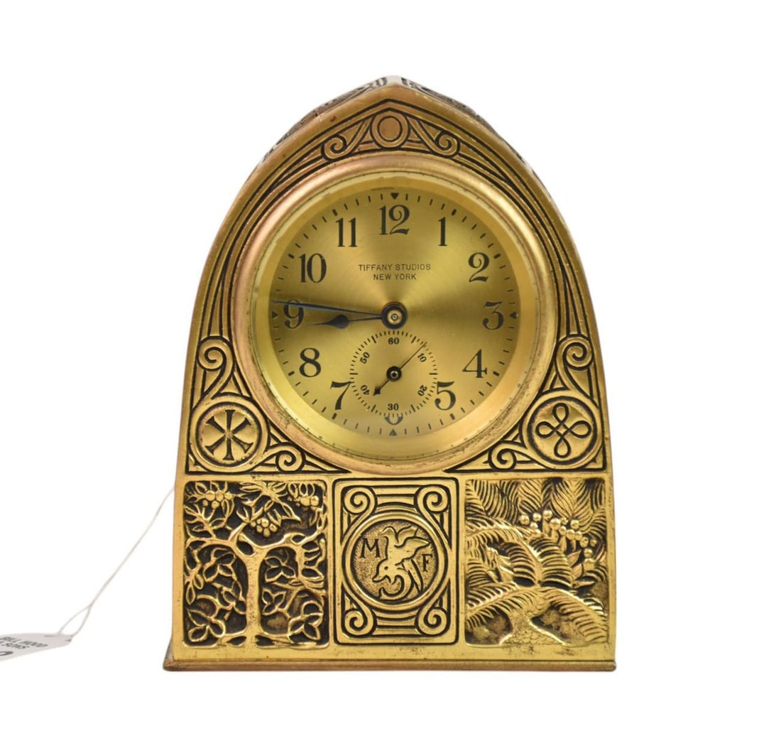 Tiffany Studios "Bookmark" Desk Set Clock W/ Key, C. 1910 - Tiffany Studios bronze desk clock. Gilt (1 of 10)