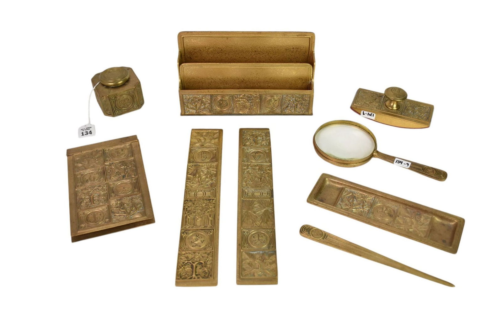 Tiffany Studios Assembled "Bookmark" Desk Set, c. 1910 - Tiffany Studios bronze desk set comprising (1 of 16)