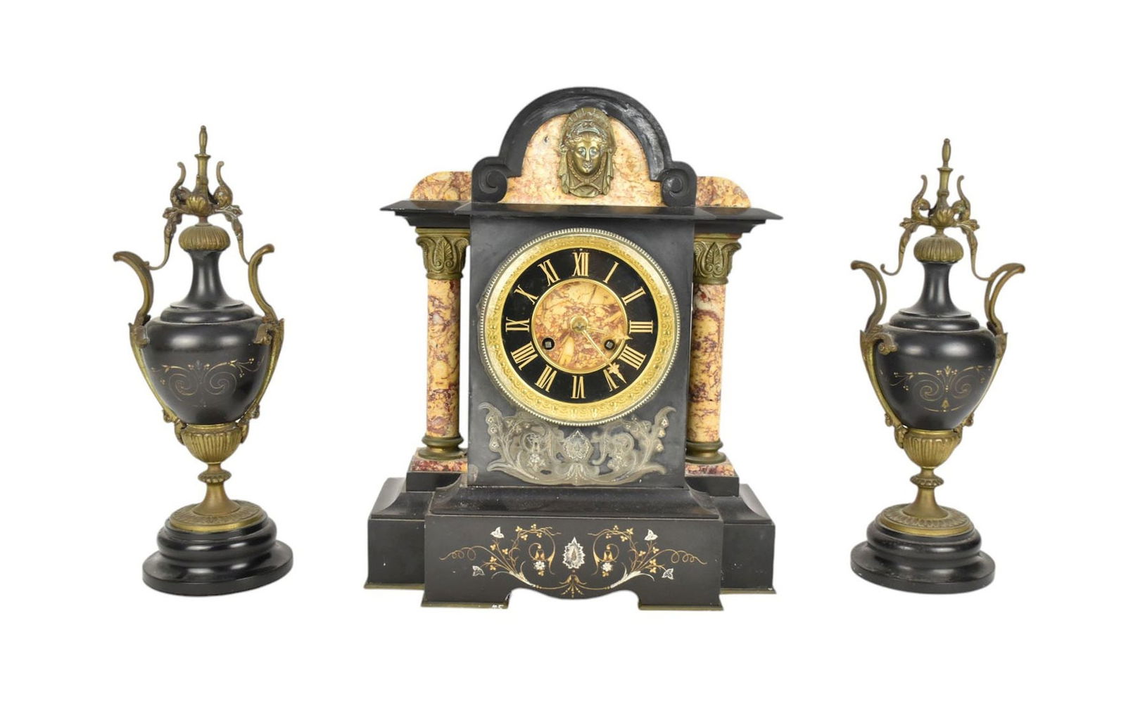 Tiffany & Co Clock Garniture Set, C. 19th Century - A Tiffany & Co. New York slate & marble mantel (1 of 10)