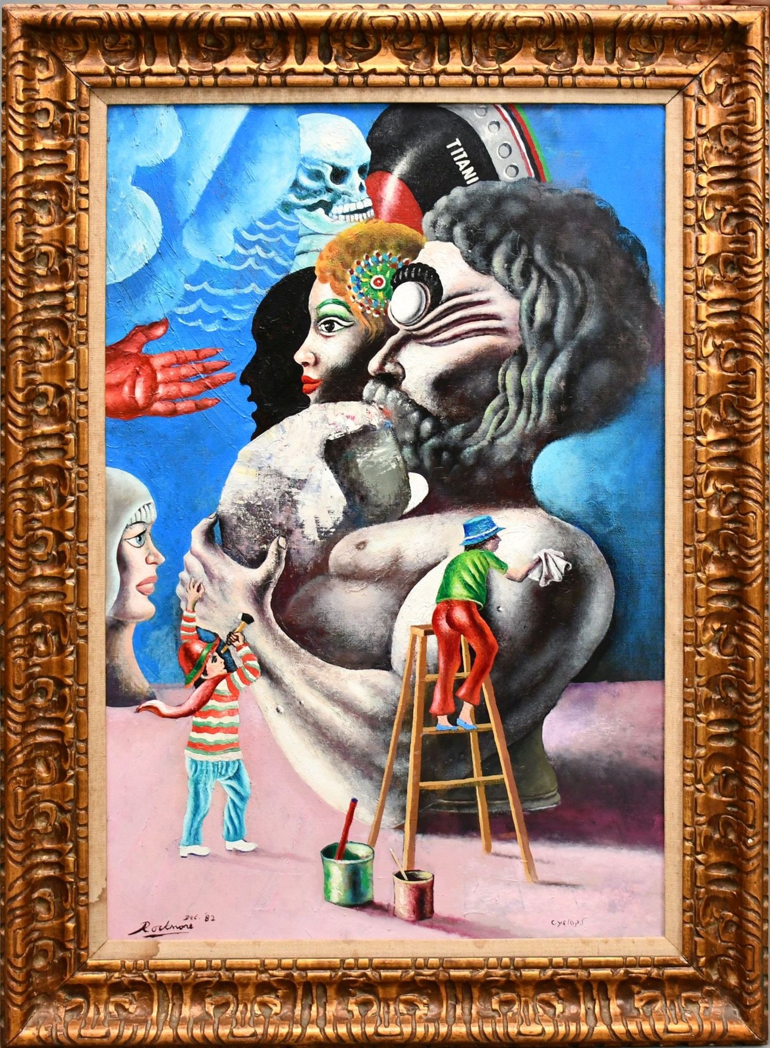 Noel Rockmore (American, 1928–1995) oil on canvas, dated Dec '82, titled Cyclops, 36" x 24": Noel Rockmore (American, 1928–1995) oil on canvas, dated Dec '82, titled Cyclops, 36" x 24" canvas, 43 1/2" x 31 1/2"