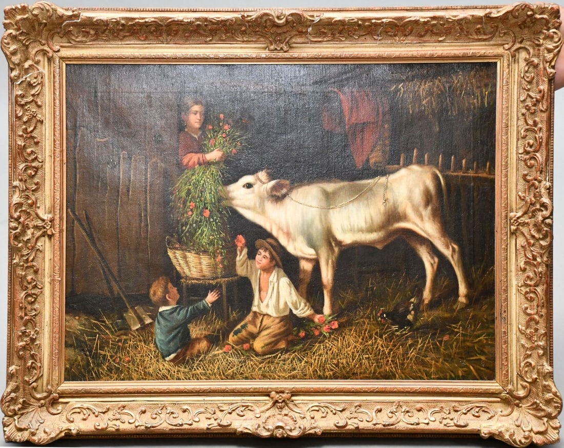 Italian School signed G. Mancellini Napoli. Interior Barn Scene feeding cow. Oil on relined canvas, (1 of 6)