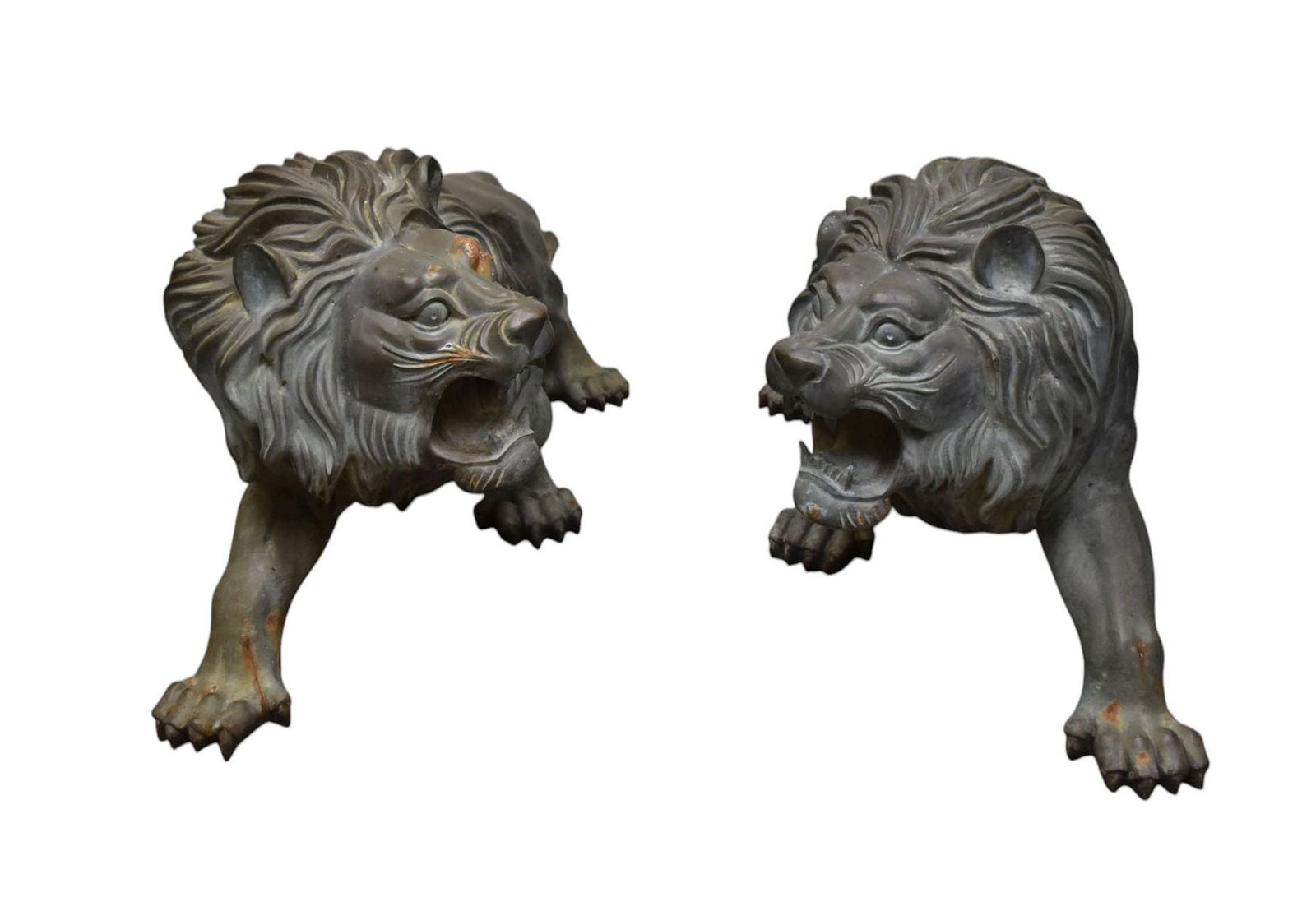Pair Weathered Wonderful Lion Sculptures, possibly bronze (non-magnetic), 31"h x 58"w, Condition: (1 of 11)