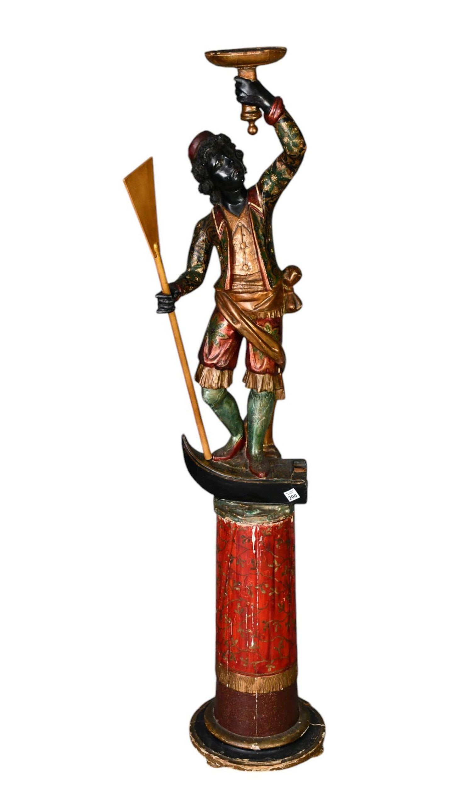 Venetian Style 2pc. Painted Blackamoor on Pedestal, Gilded Torchere, 60"h, Blackamoor 37"h (paddle (1 of 8)