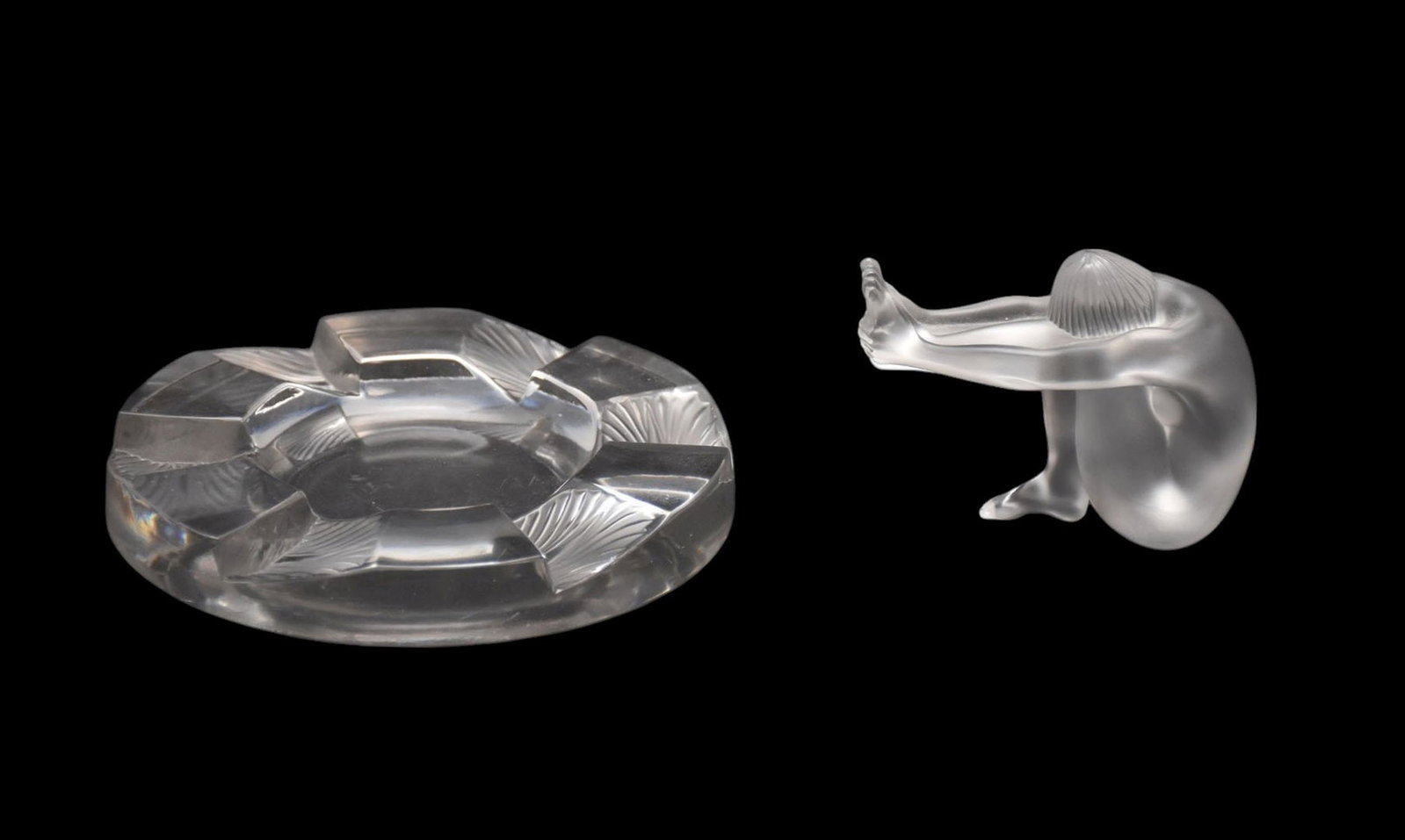 2 Lalique France Crystal Pieces - 1 nude figurine (2 3/4" h) and 1 ash tray. Both signed.: 2 Lalique France Crystal Pieces - 1 nude figurine (2 3/4" h) and 1 ash tray. Both signed.