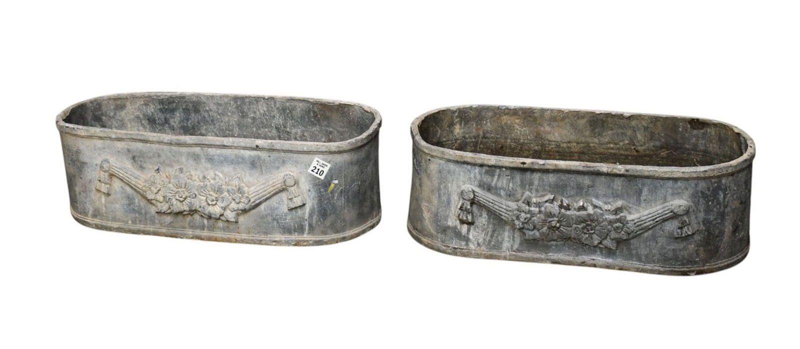 Pair Heavy Oval Lead Garden Planters, 6 1/2"h x 21"w (1 of 3)