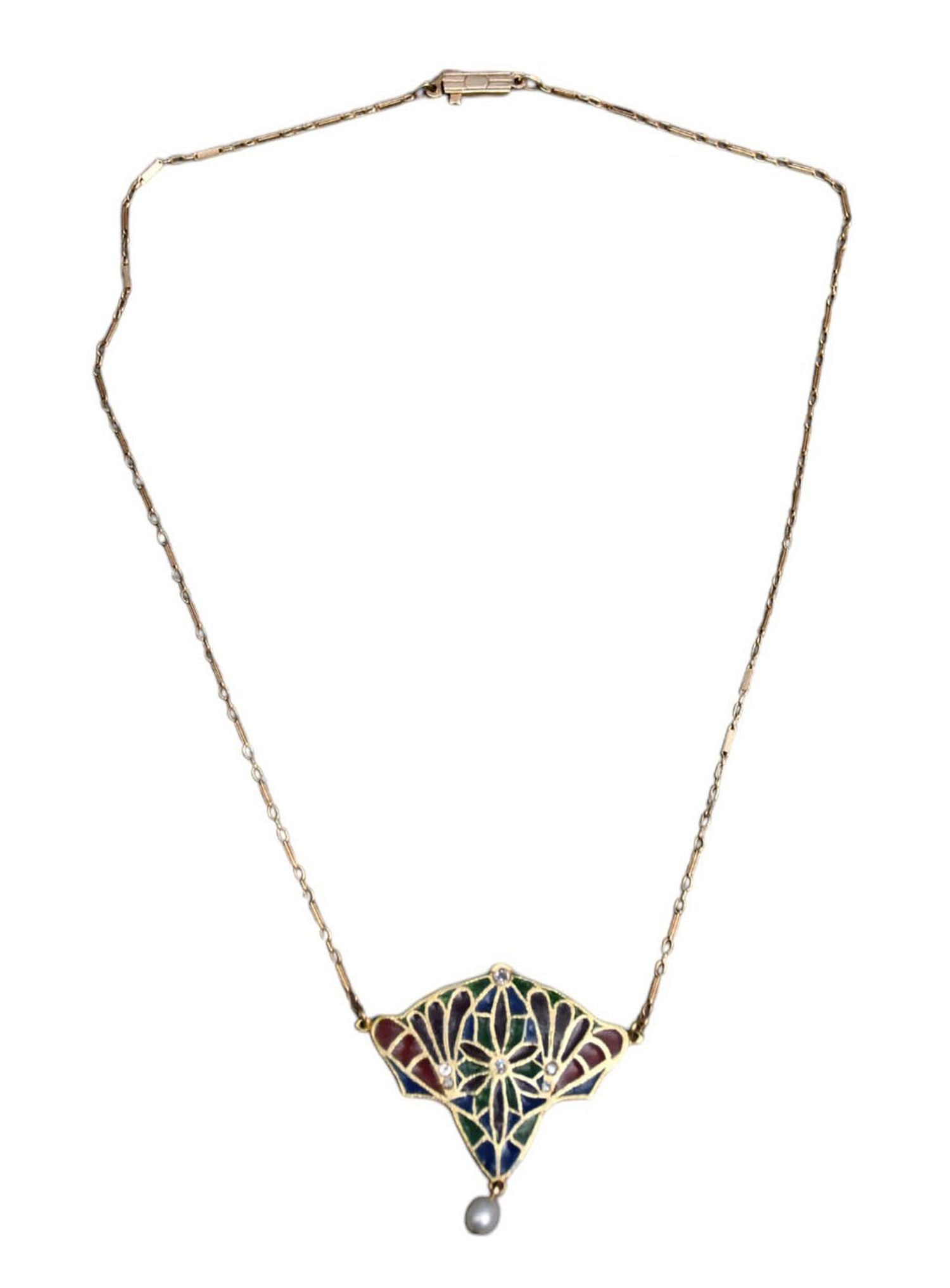 Art Nouveau Piqué-a-Jour Necklace, 14K Gold, pearl drop, marked 14K on clasp with maker monogram: Art Nouveau Piqué-a-Jour Necklace, 14K Gold, pearl drop, marked 14K on clasp with maker monogram (FTF?), gold chain, 16" wt. 7.1 grams