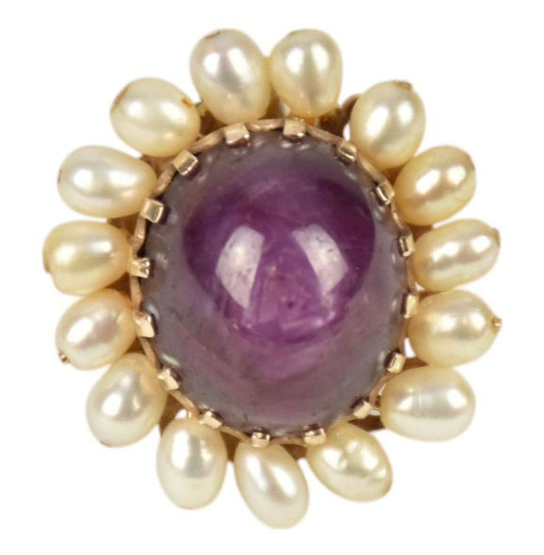 14K Yellow Gold Cabochon Ruby with Seed Pearls Halo. Wt. 22.3 grams Size 6 (1 of 4)