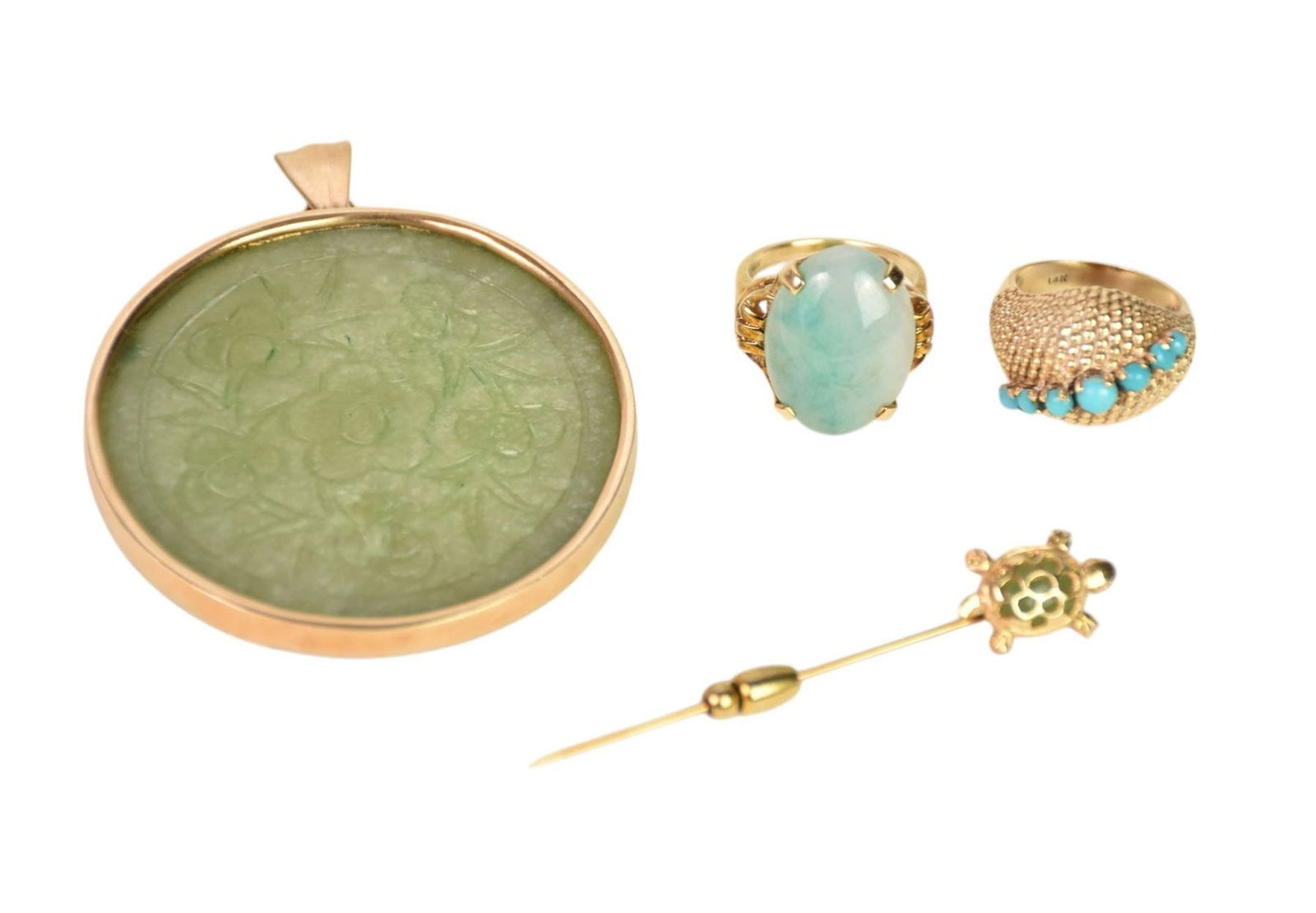 14K Yellow Gold Jewelry Lot. 2 Rings size 6 and 7, 13.9 grams, Turtle Stick pin 2.25" 1.94 grams, (1 of 4)