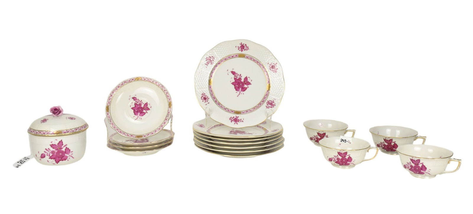 16 Pcs Vintage Herend Porcelain, Raspberry Chinese Bouquet - c. early to mid-20th century. Herend (1 of 16)