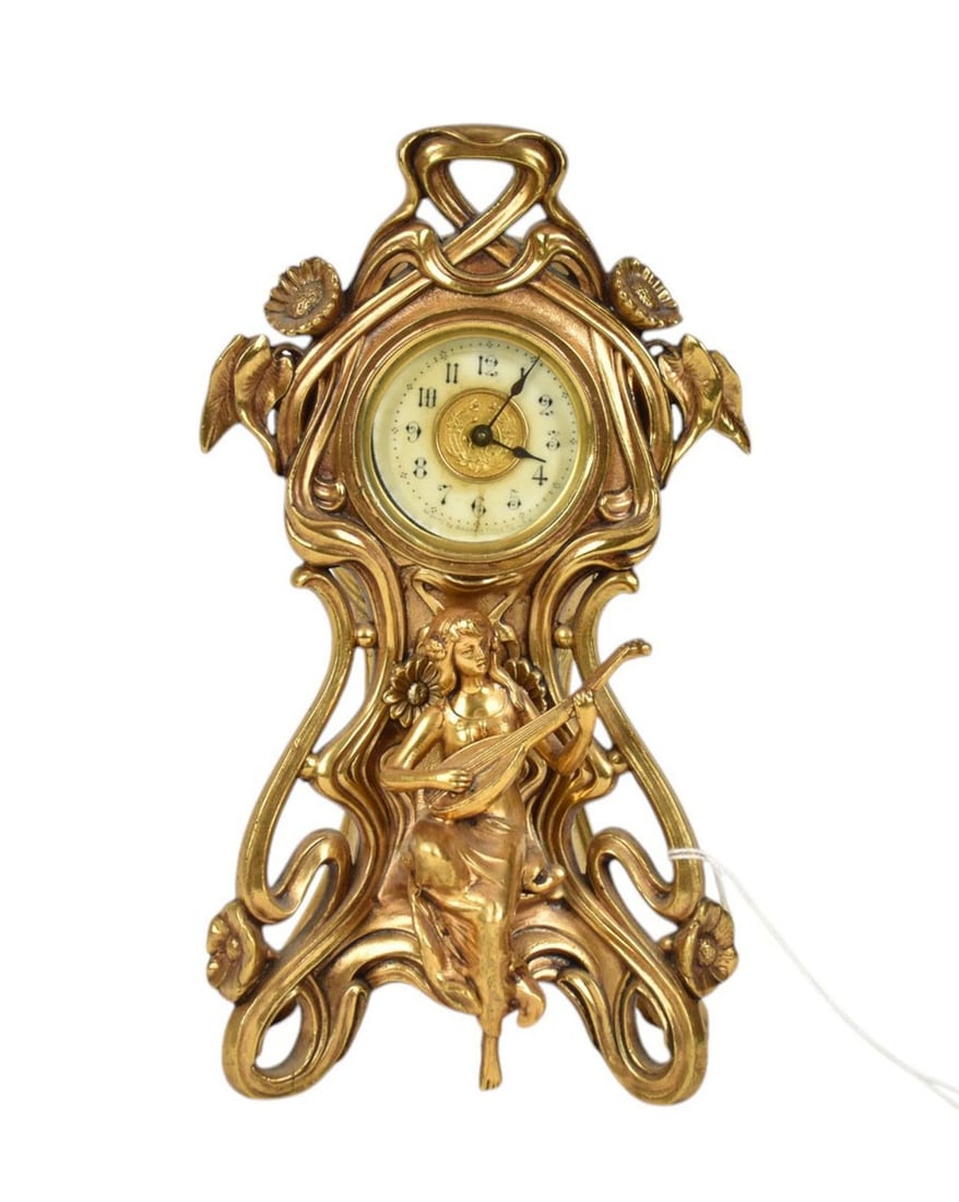 Ansonia Art Nouveau Gilt Brass Figural Clock - C. 1890s. A small gilt bronze clock, in Art Nouveau (1 of 7)
