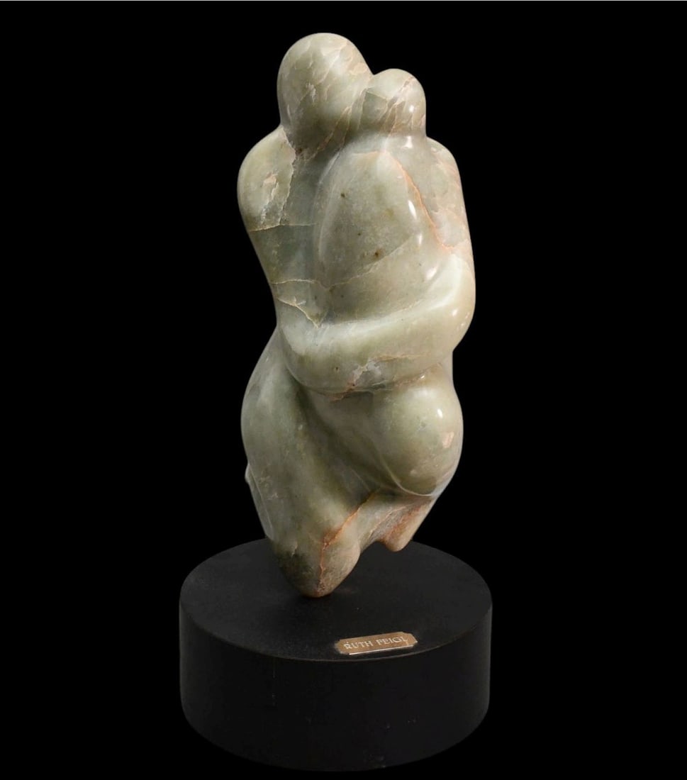 Ruth Feigl Greenstone Abstract Sculpture, Mother & Child, 12 inch tall, likely green soapstone, on (1 of 4)