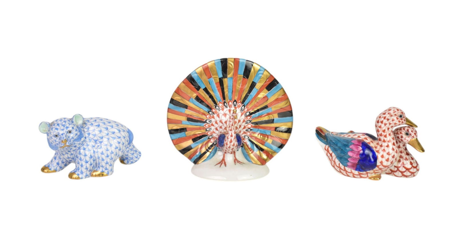 3 Herend Porcelain Figurines: 1) Peacock – 5" h.  Hungary 20th century #5074; rust fishnet, gilt (1 of 10)