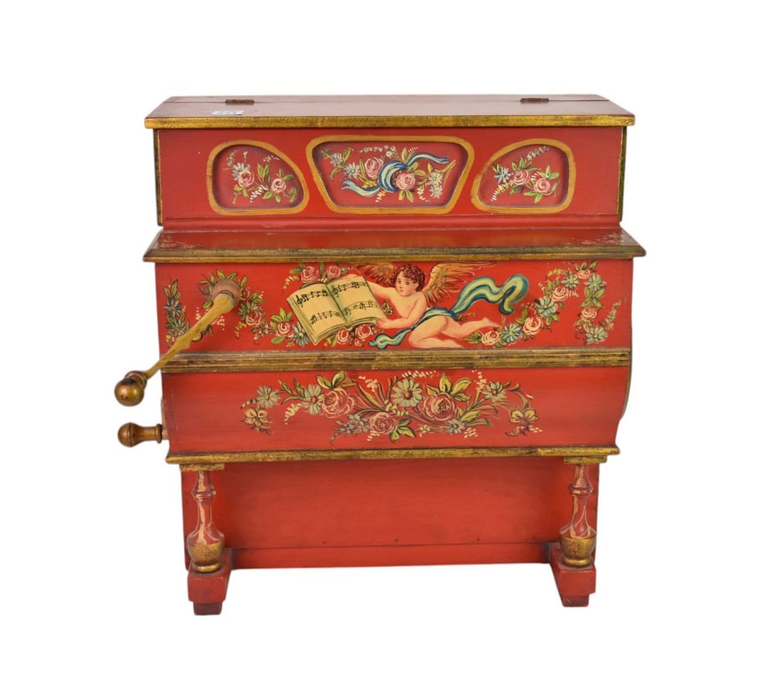 Painted Table Top Hurdy Gurdy, Faventia, Spain, C. 20th century - The hand cranked organ with an (1 of 13)