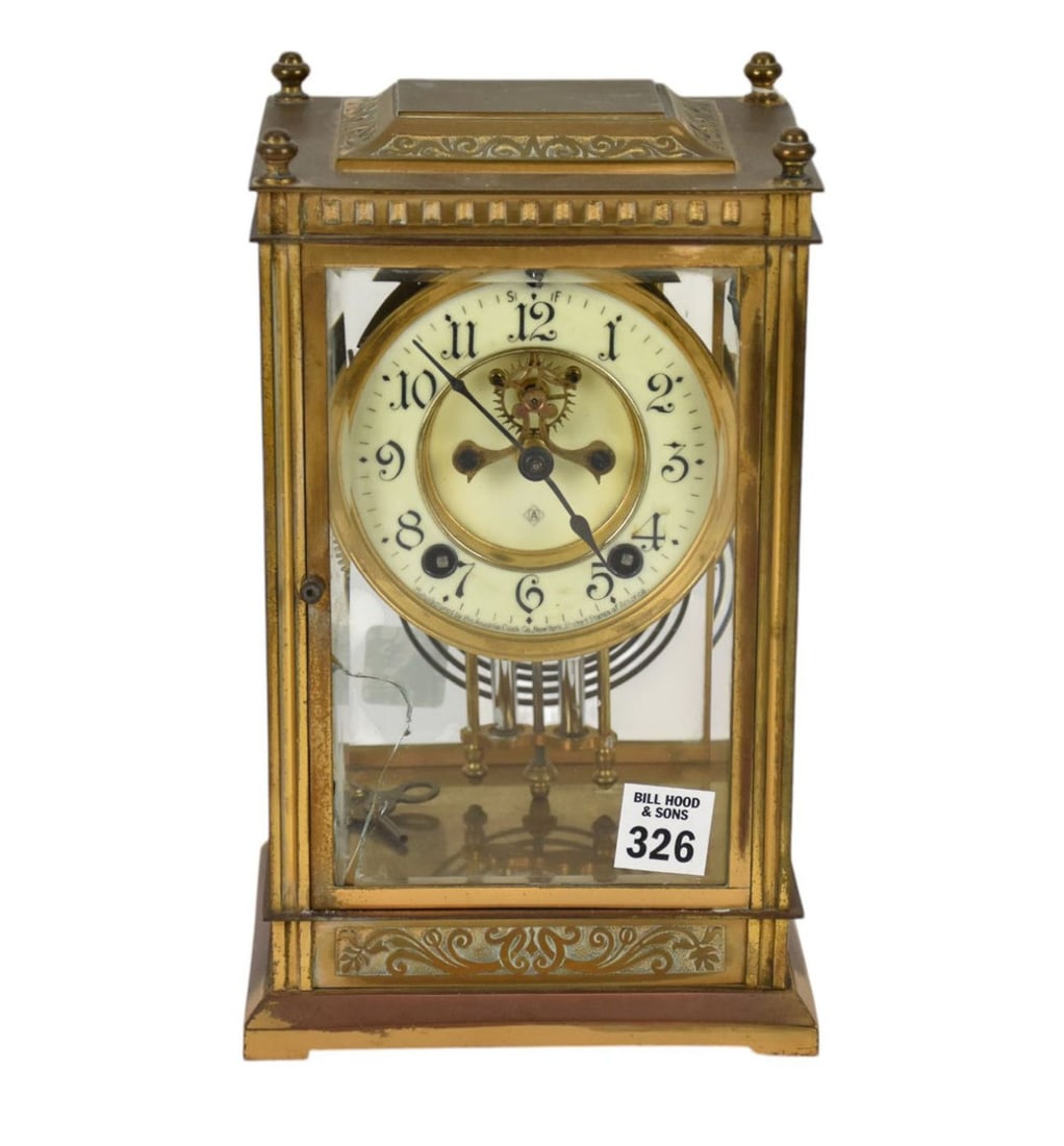 Ansonia Crystal Regulator Shelf Clock with Open Escapement, 10"h x 6"w x 4 1/2"d (glass cracked on (1 of 9)