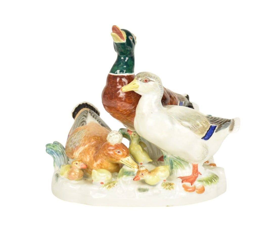 Meissen porcelain ducks with ducklings figurine, Meissen crosswords on bottom and impressed number (1 of 9)