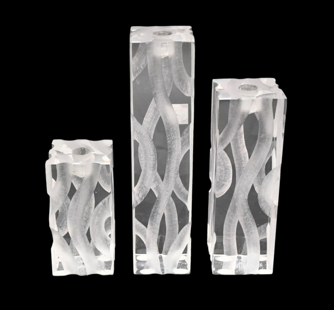 Set of three signed Van Teal mid-century Lucite candle sticks with seaweed carved design, Tallest 11: Set of three signed Van Teal mid-century Lucite candle sticks with seaweed carved design, Tallest 11 1/2"h x 3"w x 3"d