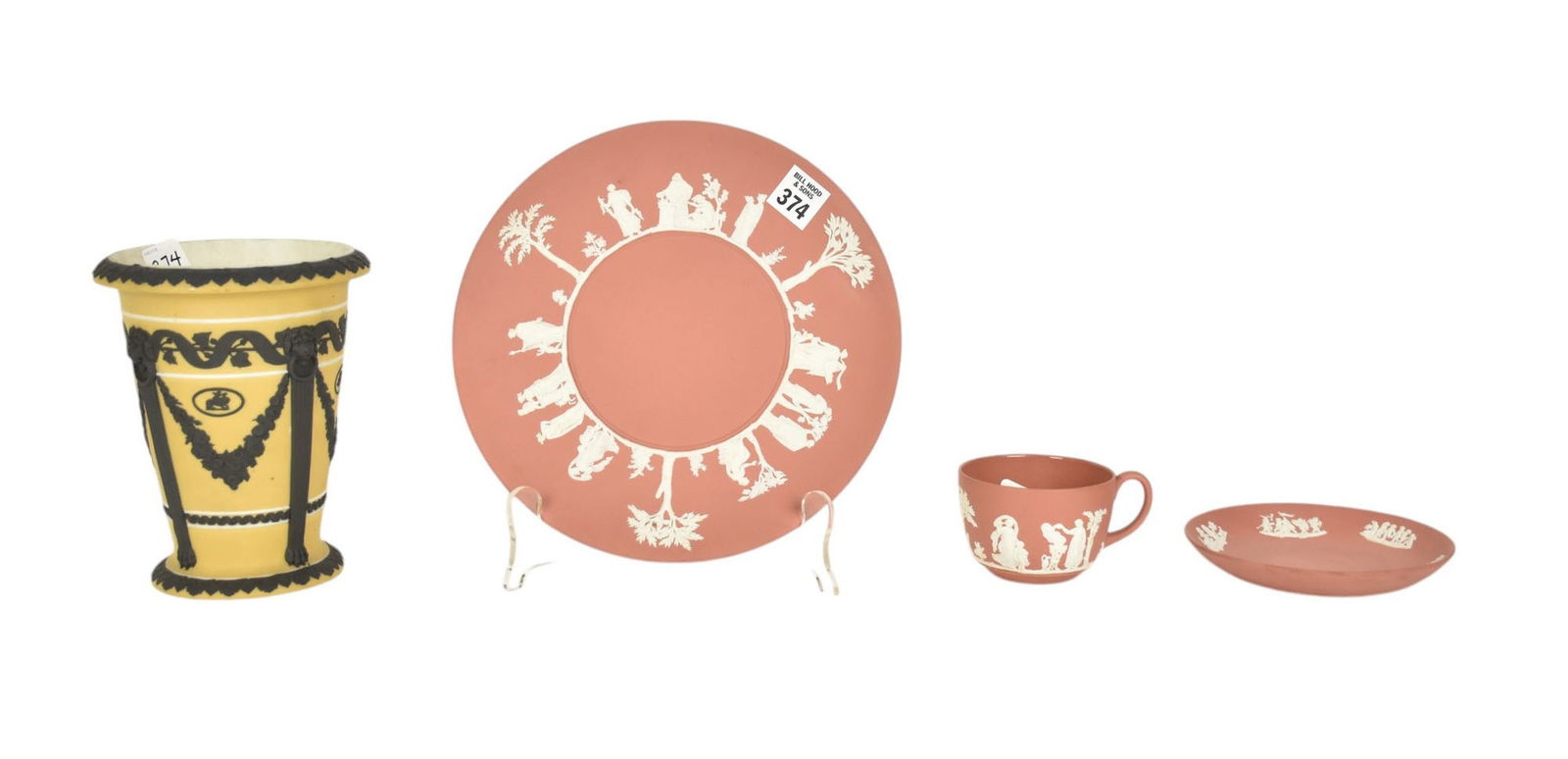 4 Assorted Wedgwood Jasperware Tableware's, Yellow Jasperware with Black Basalt Relief Vase (7"h) (1 of 8)