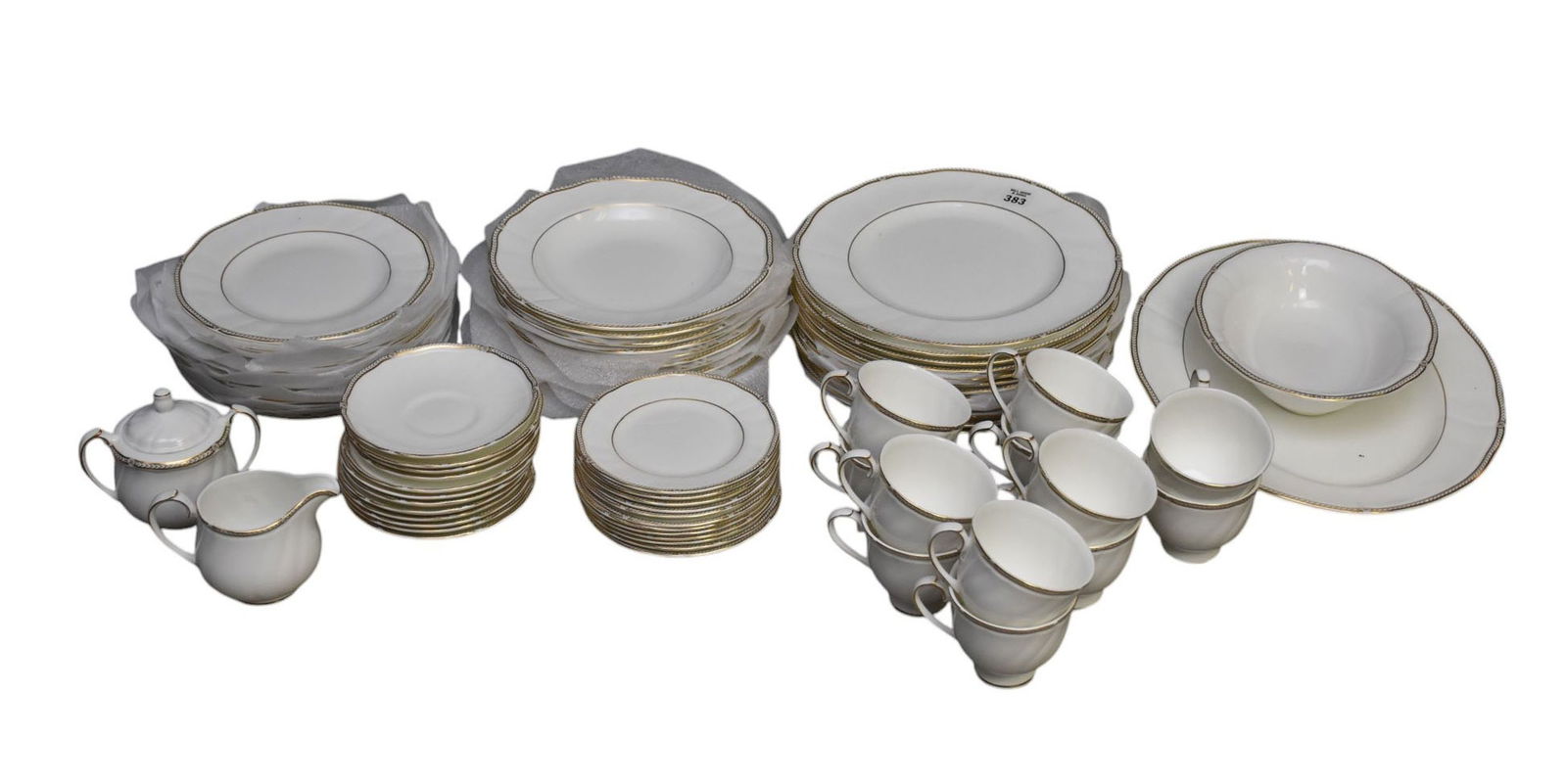 Wedgwood Porcelain China Service, Crown Gold Pattern, incl; 12 Dinner Plates (10 1/4"dia), 12 Plates: Wedgwood Porcelain China Service, Crown Gold Pattern, incl; 12 Dinner Plates (10 1/4"dia), 12 Plates (8"dia), 12 Soups, 12 B & B Plates, 12 Teacups, 12 Saucers, Creamer, Sugar, Open Oval Vegetable and