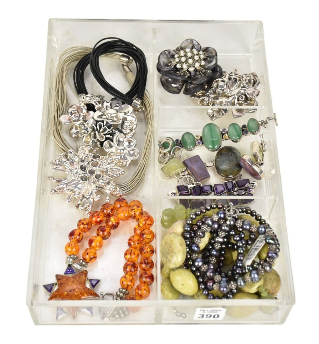 Sterling and Semi Precious Stone Jewelry Lot. 6 necklaces, 3 Bracelets 6" - 8"  and 2 Pendants. Gray (1 of 5)