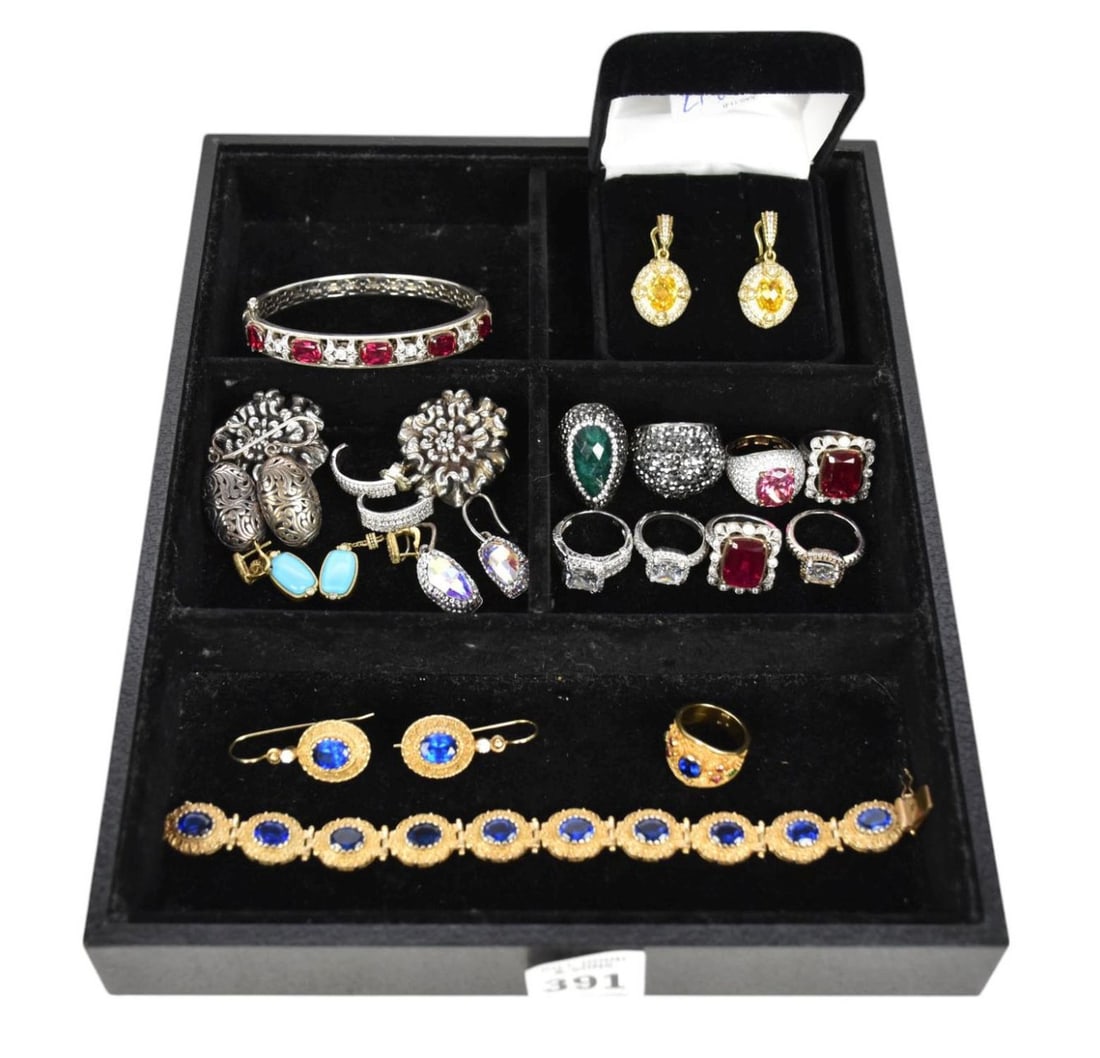 Sterling Silver Jewelry Bracelet, Rings Earring Lot. Judith Ripka Earrings  9 Rings sizes 5.5 - 8, (1 of 6)