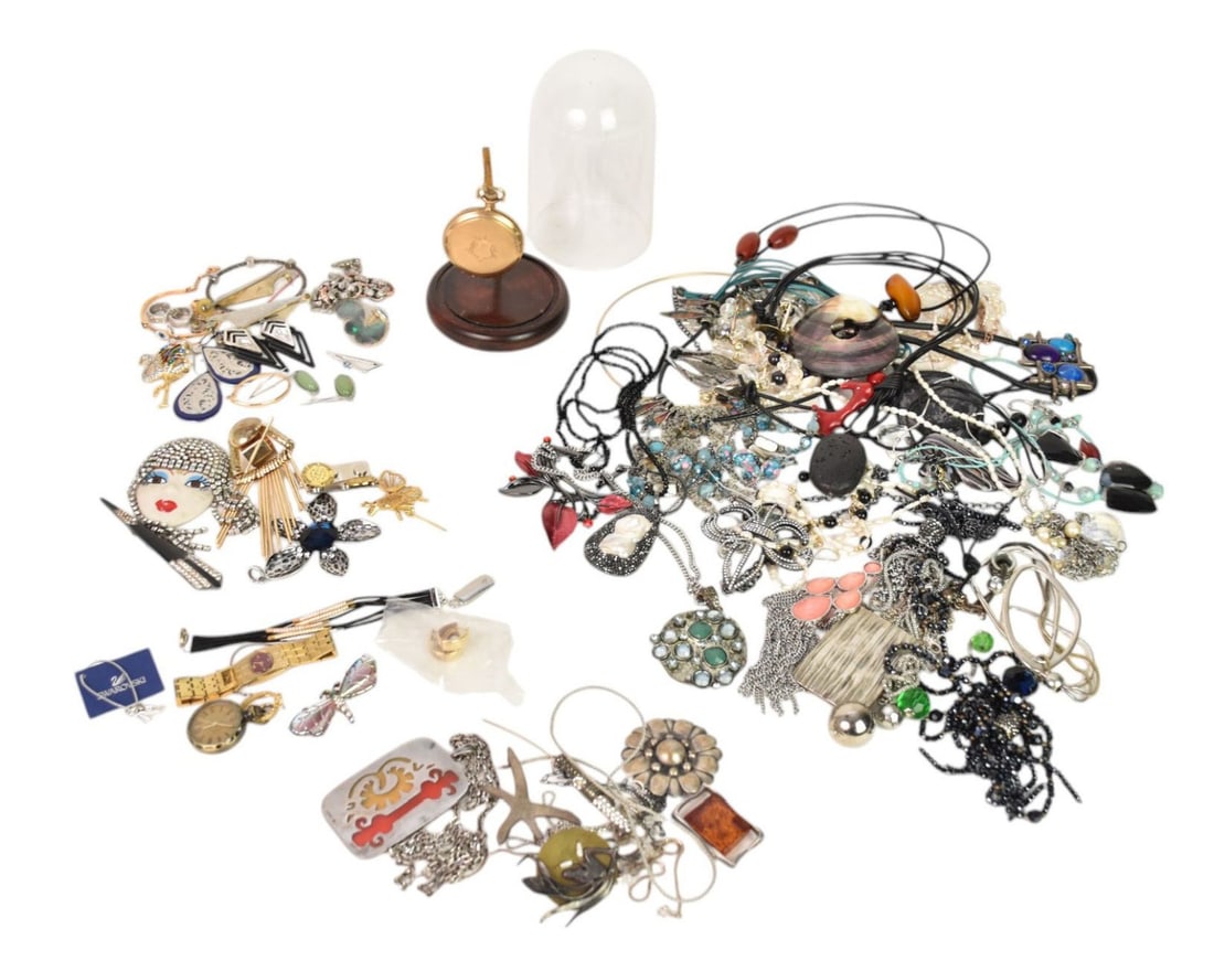 Mixed Jewelry Lot.  Gold, Silver and Costume Jewelry. 14K Yellow Gold Waltham USA Pocket watch, (1 of 16)