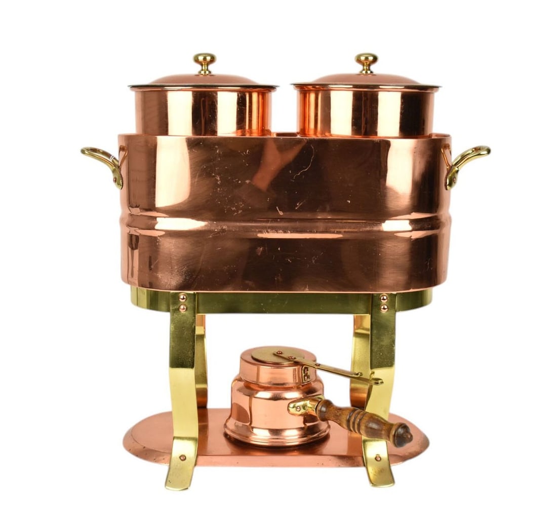 Waldow Copper Double Chafing Dish Server Stand w/ Burner - A vintage copper and brass double chafing (1 of 10)