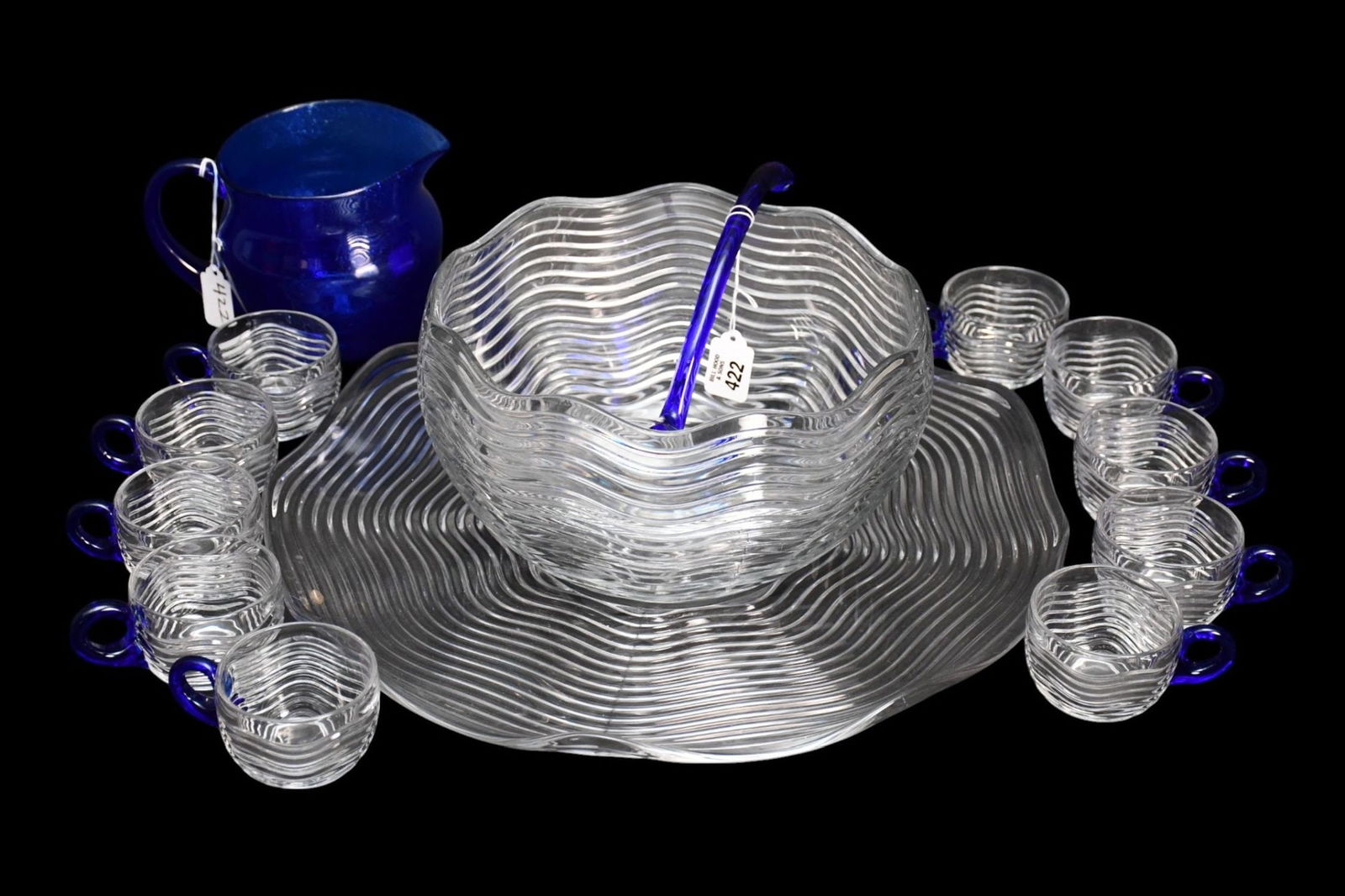 Fancy Depression Glass, Wave Design with Cobalt Blue Rims, Punch Bowl, Platter, Ladle, Cups and (1 of 4)