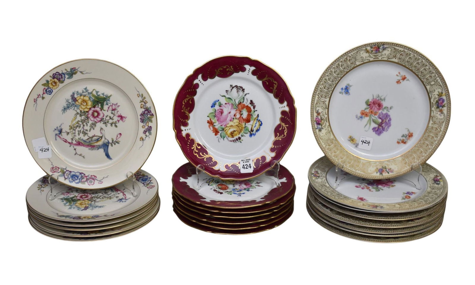 7 Porcelain Plates, Floral Centers & Burgundy Borders with Gold Accents (10"dia), 8 Bavarian (1 of 9)