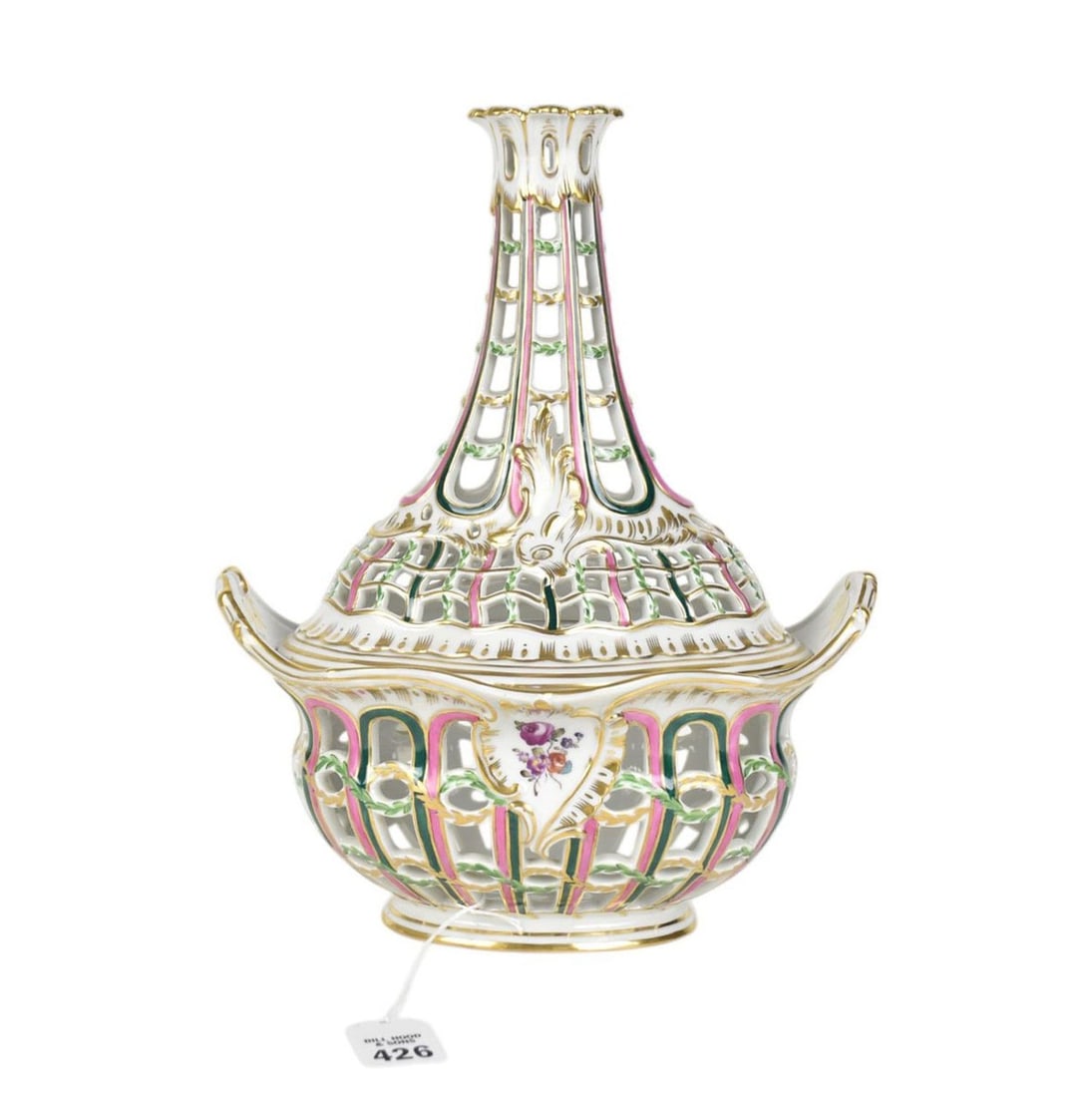 Modern Potpourri Bowl and Cover- 12", 4th quarter 20th century European; reticulated porcelain: Modern Potpourri Bowl and Cover- 12", 4th quarter 20th century European; reticulated porcelain manufactured in the manner of Hungarian Herend porcelain, in the shape of a pagoda