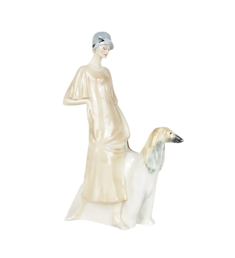 Royal Doulton "Promenade" Porcelain Figurine – 13" h, English - late 20th century,: Royal Doulton "Promenade" Porcelain Figurine – 13” h, English - late 20th century, “Promenade”, #HN 3072; Deco style woman with Afghan hound, Reflections series, modeled by Adrian Hugh