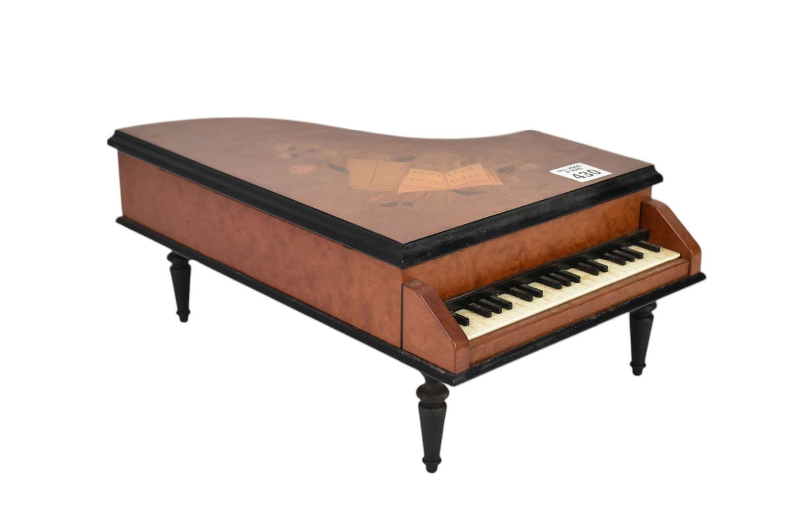 Piano Form Music Box, Reuge #2044; piano form with inlaid veneer woods. (1 of 12)