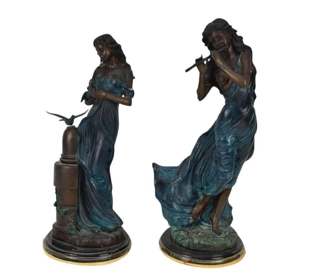 Two Bronze Sculpture by Leonardo Rossi, Italian born 1957. Female standing holding a bird, Height: (1 of 6)