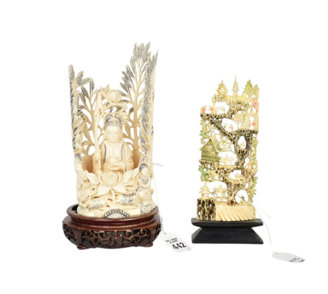 Two Chinese Carvings of Guan Yin and Village Scene - Two Chinese carved bone sculptures. One: Two Chinese Carvings of Guan Yin and Village Scene - Two Chinese carved bone sculptures. One depicting Guan Yin surrounded by tree branches, figures and fish, signed with incised characters on undersi