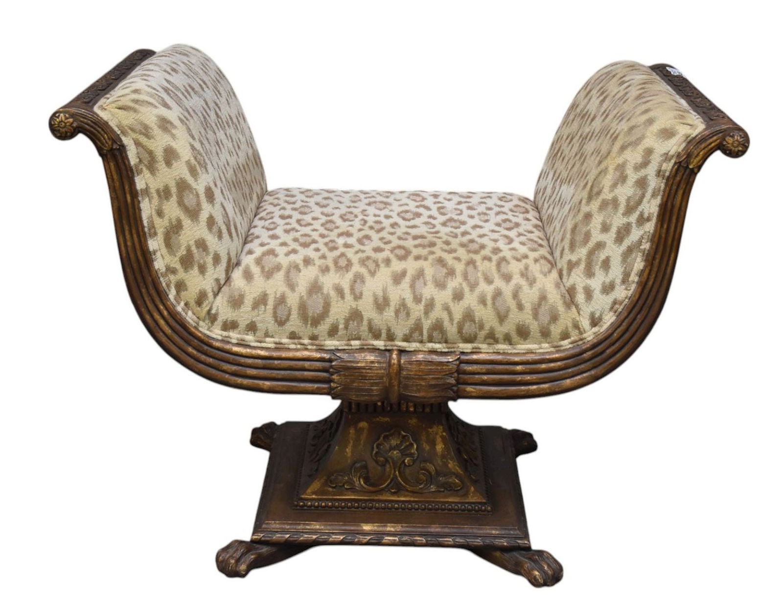 Italian Gilded Frame Bench, Leopard Style Upholstery, 27"h x 36"w (1 of 4)