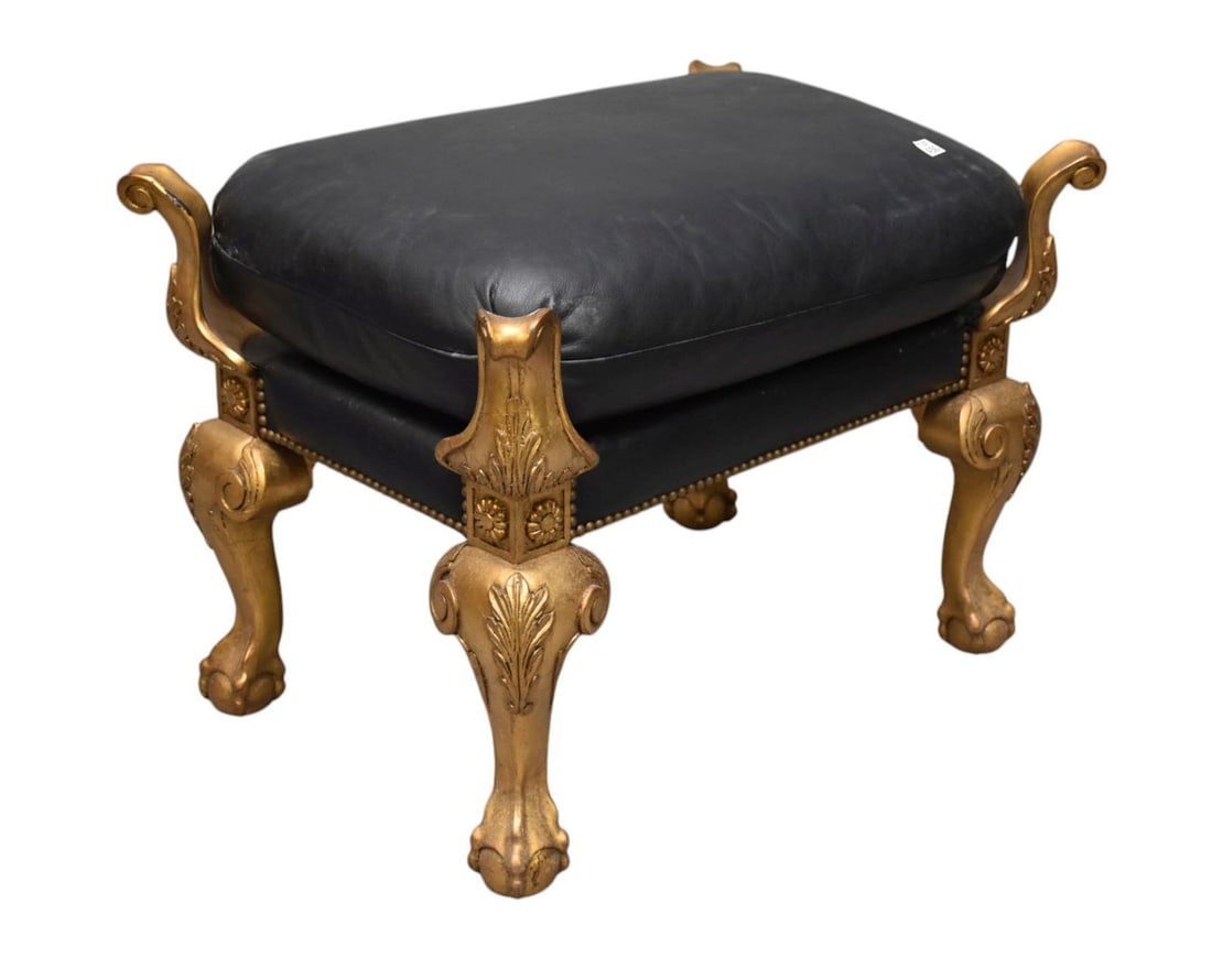 Gilded Ottoman with Black Leather Upholstery, 23"h x 31"w: Gilded Ottoman with Black Leather Upholstery, 23"h x 31"w