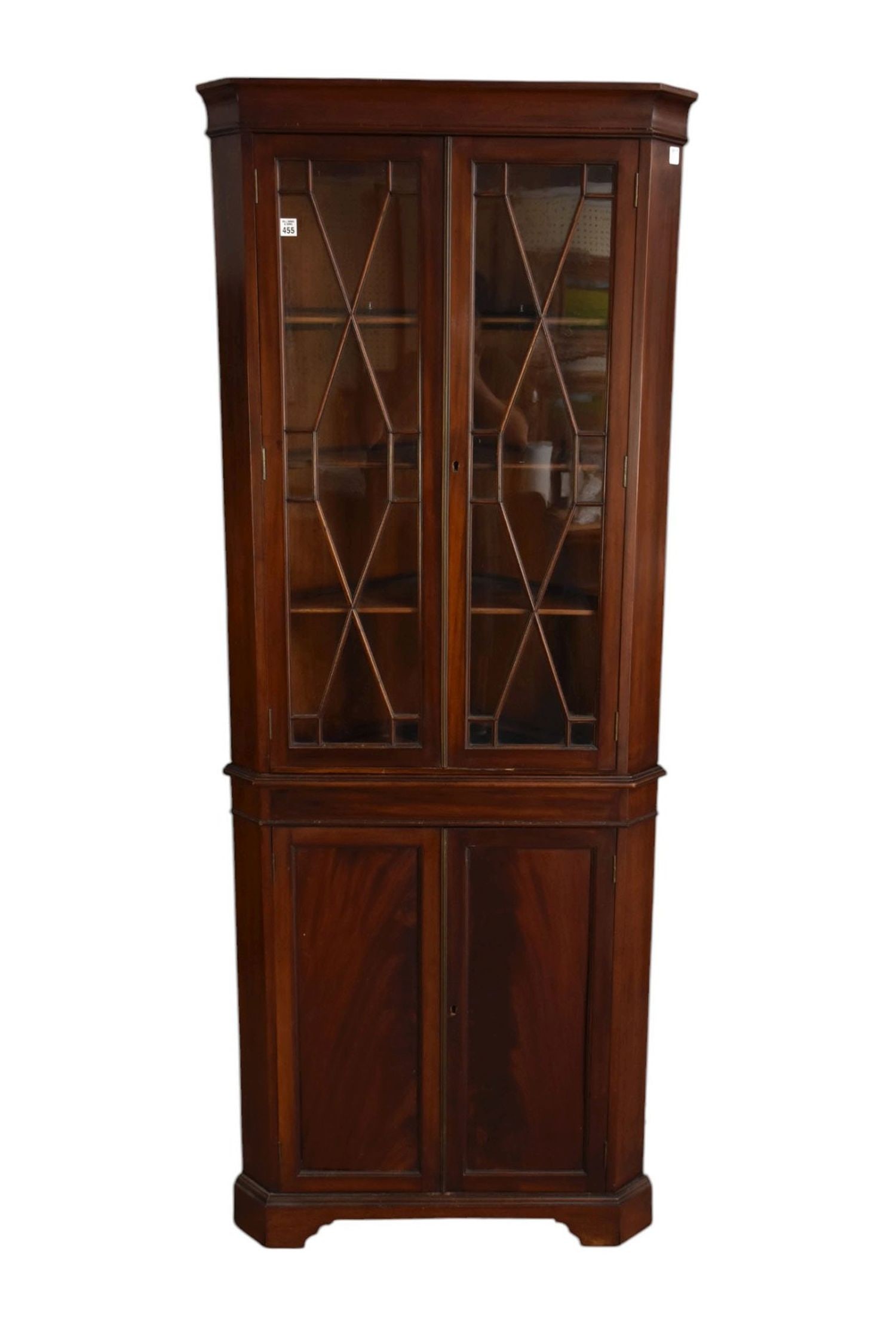 Antique 2 piece Mahogany Corner Cupboard, Leaded Glass Doors Over 2 Cabinet Doors, 80"h x 32"w (1 of 5)
