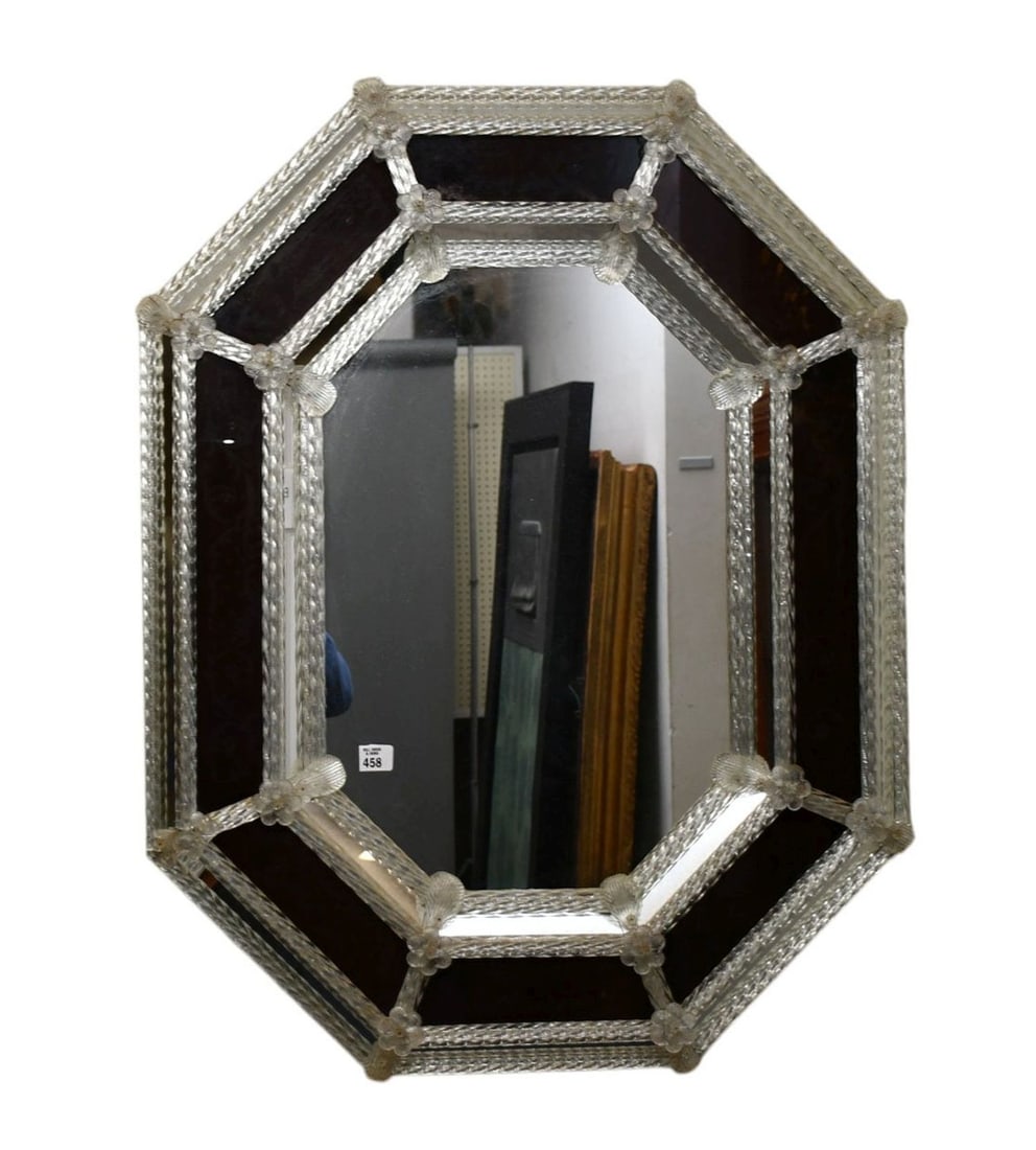 Venetian Mirror with Inset Ruby Red Glass, 38"h x 29"w: Venetian Mirror with Inset Ruby Red Glass, 38"h x 29"w