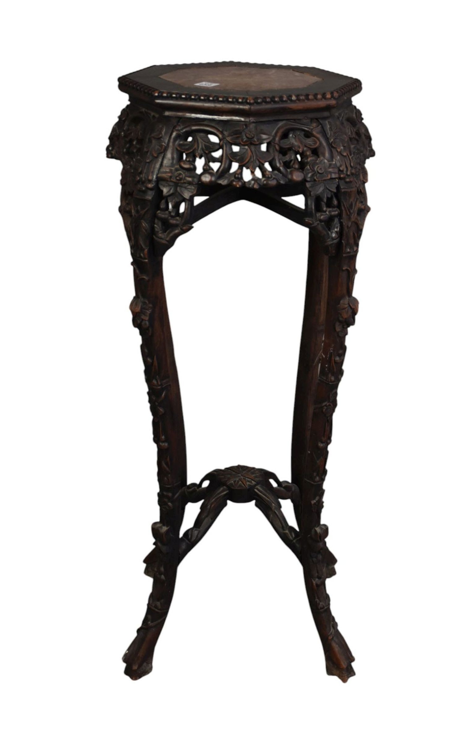 Chinese Stand 19th c. Deeply Carved Frieze with Octagonal Inset Marble Top Above, 38"h x 12"w: Chinese Stand 19th c. Deeply Carved Frieze with Octagonal Inset Marble Top Above, 38"h x 12"w