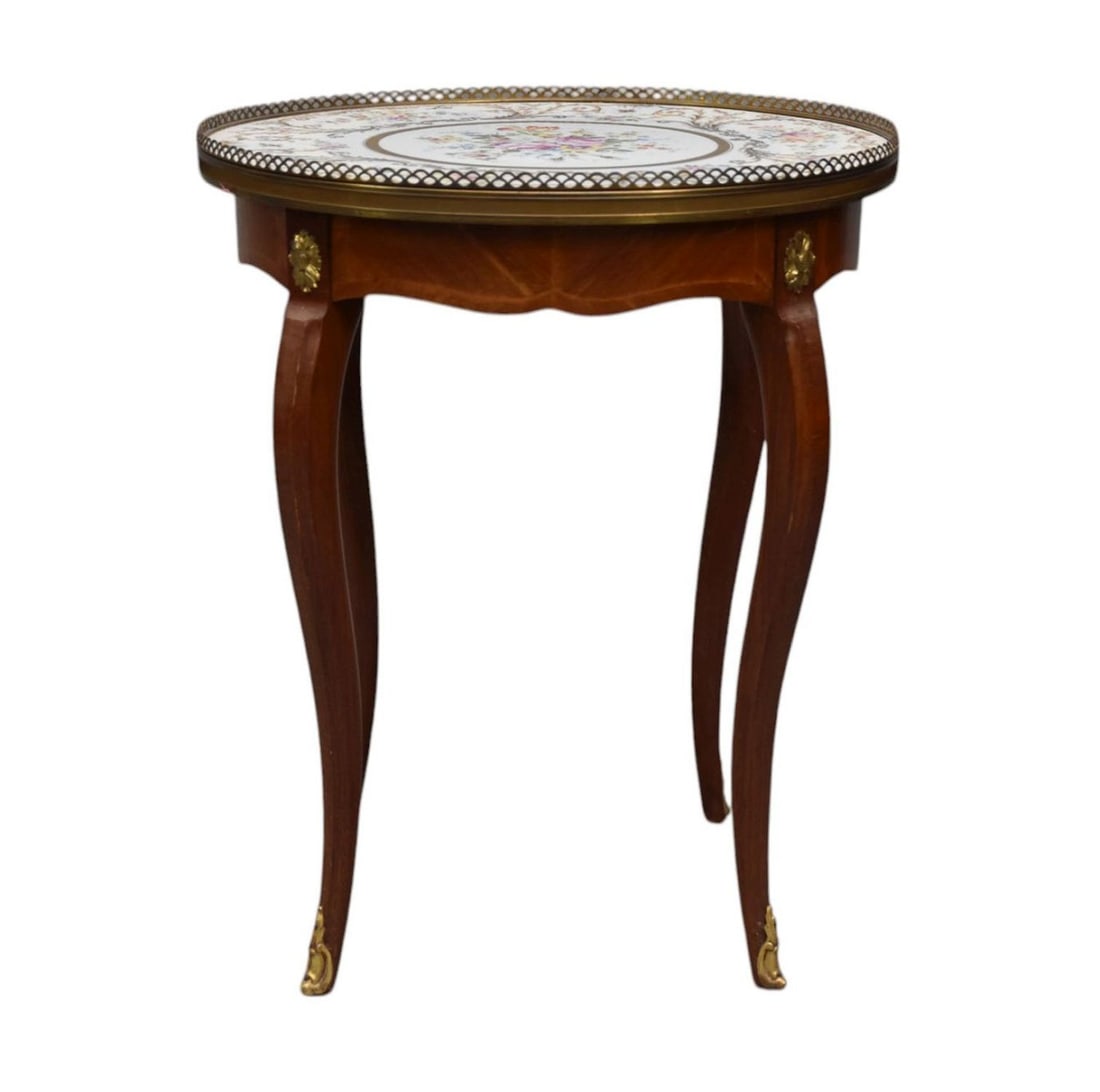 Occasional Side Table with Porcelain Inset Top, Brass Pierced Gallery, 21"h x 19"d (1 of 6)