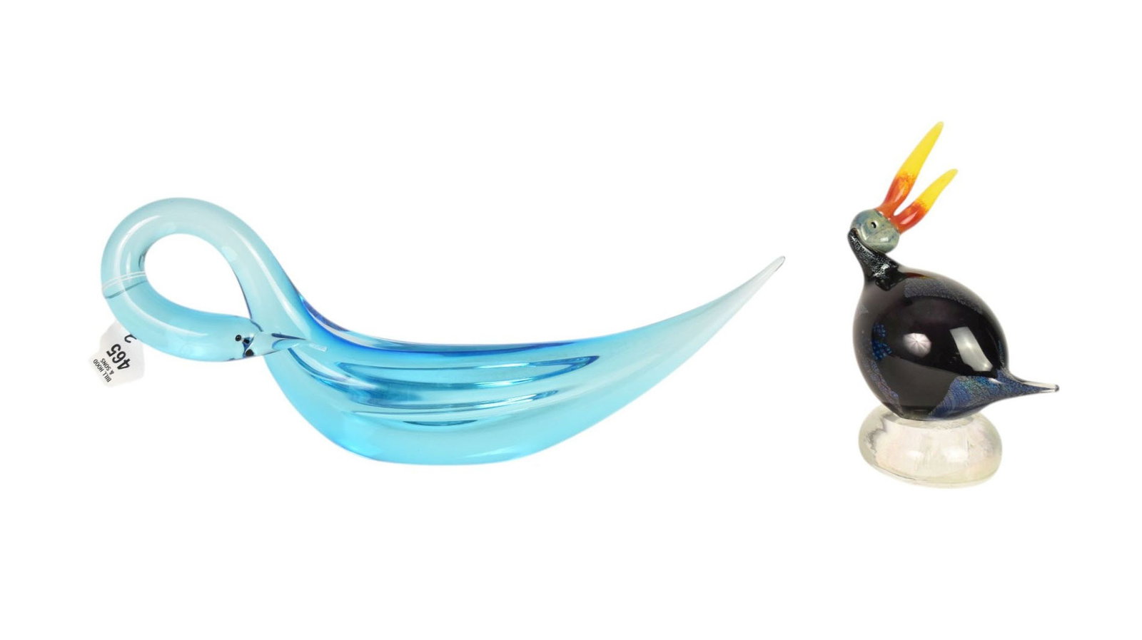 2 Glass Pieces, One Possibly Murano, Bird with Yellow Beak (9"h) AND Blue Bird (7"h x 17"w): 2 Glass Pieces, One Possibly Murano, Bird with Yellow Beak (9"h) AND Blue Bird (7"h x 17"w)