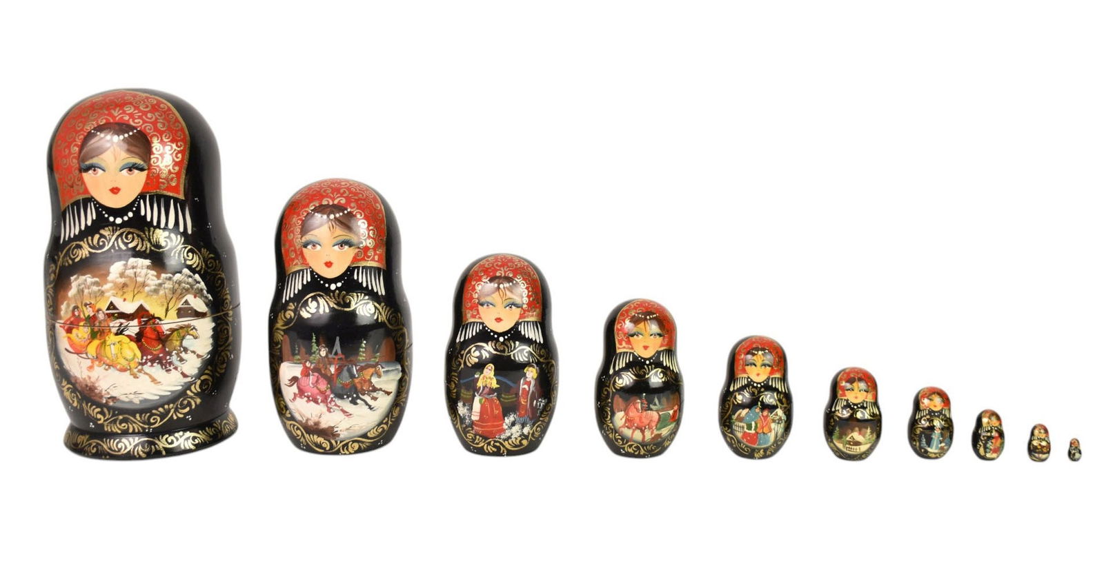 Russian Lacquered Nesting Dolls, Hand-painted, Signed on underside of largest. 9 1/2" h.: Russian Lacquered Nesting Dolls, Hand-painted, Signed on underside of largest. 9 1/2" h.