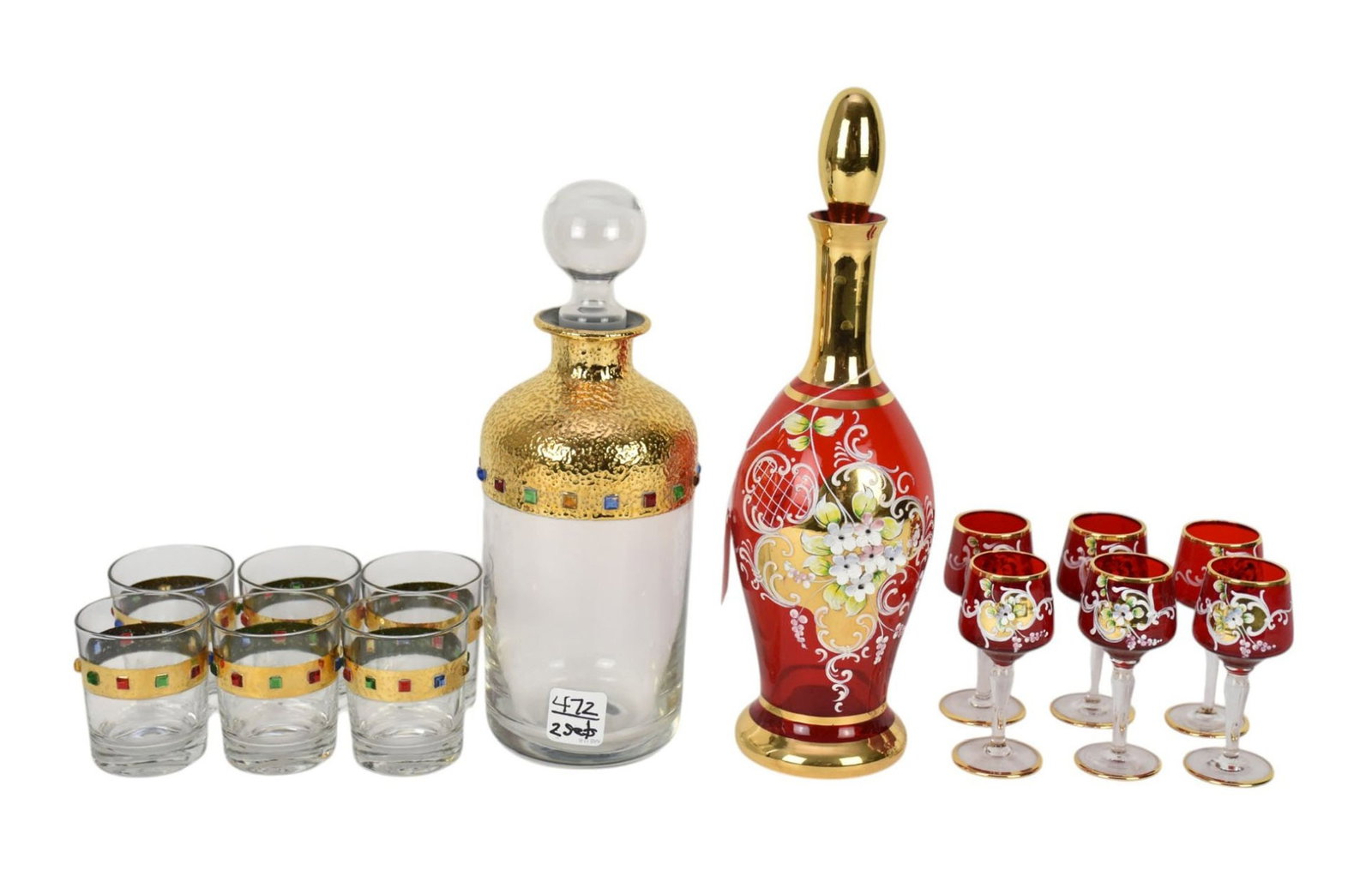 Enameled Cranberry Glass Decanter (12"h) & 6 Cordials AND Glass Decanter (11"h) with 6 Cordials,: Enameled Cranberry Glass Decanter (12"h) & 6 Cordials AND Glass Decanter (11"h) with 6 Cordials, Gold with Colored Stones
