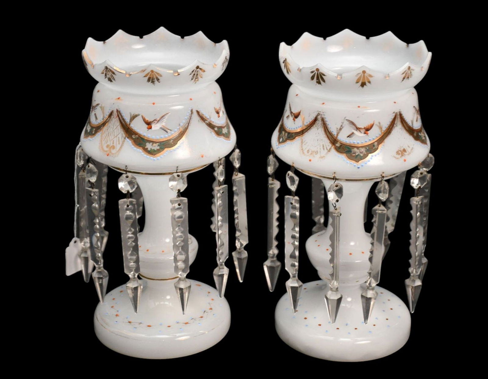 Pair Opalescent (Clambroth) Lustres, 13"h x 6"w: Pair Opalescent (Clambroth) Lustres, 13"h x 6"w