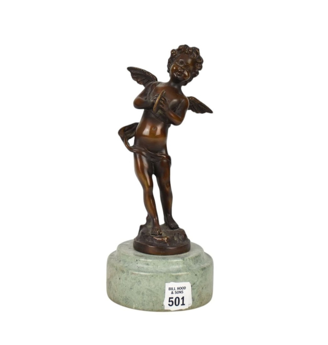 Bronze sculpture of a Cherub holding cymbals on marble base, after Auguste Moreau. 8.5" h x 4.5 d: Bronze sculpture of a Cherub holding cymbals on marble base, after Auguste Moreau. 8.5” h x 4.5" d