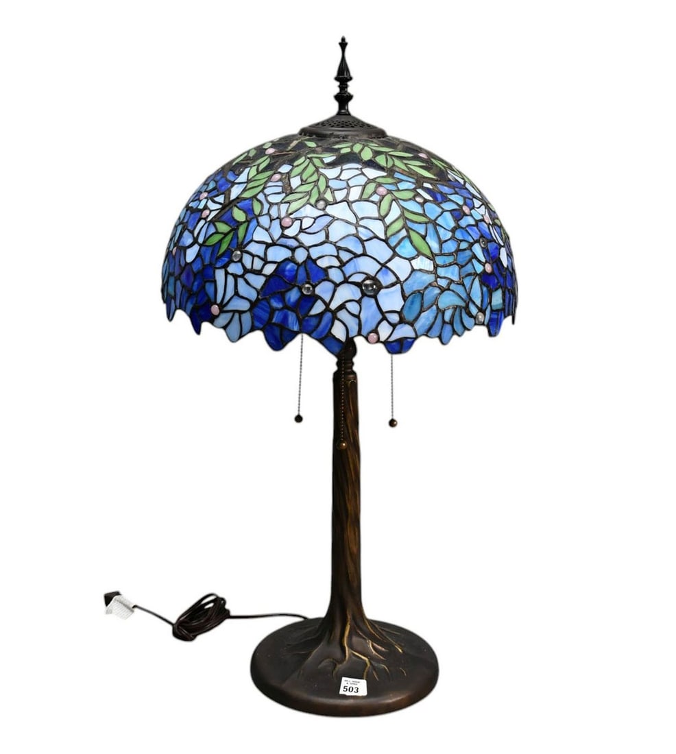 Tiffany Style Leaded Glass Table Lamp with Floral Motif on Blues & Greens with Bronze Tree Form (1 of 4)